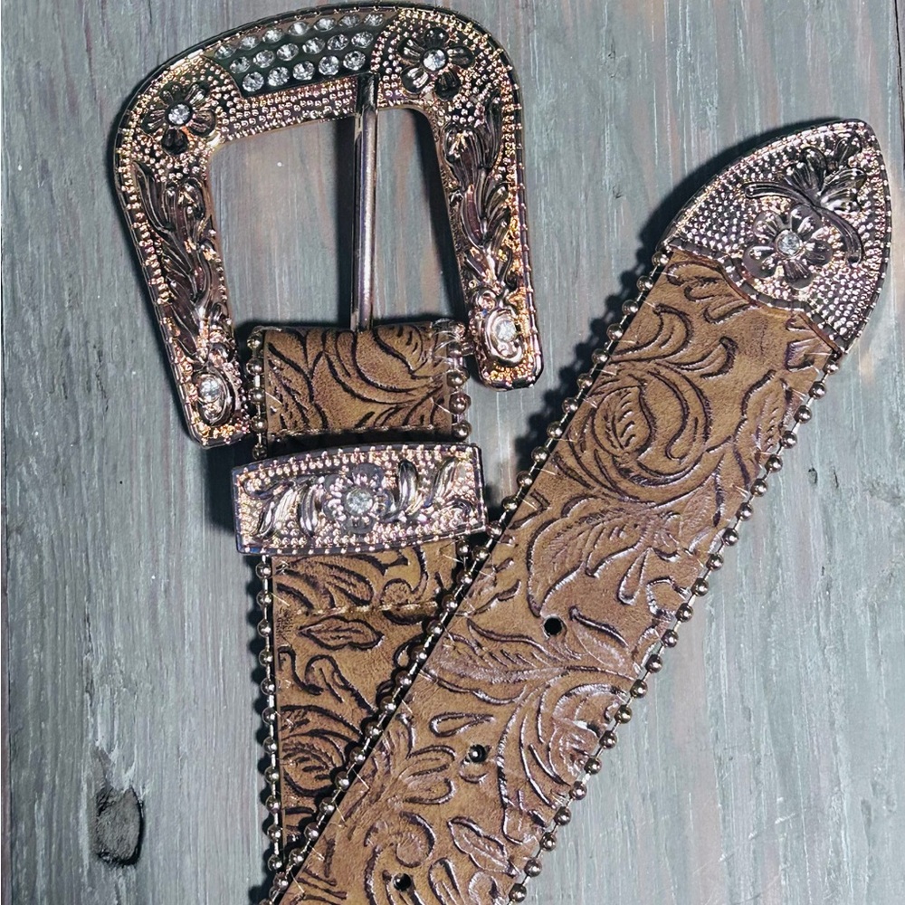 Women's Embossed Rhinestone Buckle Belt - Tan - Picture 2 of 3